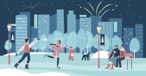 Mit uns ins Immobilienjahr 2025 - SATHI-Immobilien Glückliche Menschen, weil sie ihr Traumhaus mit Hilfe eines Maklers gefunden haben, fahren Schlittschuh | Immobilienkauf