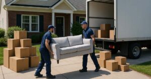 Beruflicher Neuanfang – Immobilie behalten oder verkaufen? - SATHI-Immobilien Möbelpacker tragen ein Sofa und Kartons aus dem Einfamilienhaus zum Umzugswagen, weil der Eigentümer berufsbedingt umzieht und das Haus verkauft | Immobilienverkauf