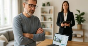 Selbst verkaufen oder Makler beauftragen? So finden Sie den richtigen Weg für Ihren Immobilienverkauf - SATHI-Immobilien Ein Mann und eine Maklerin. Der mann versucht eine Entscheidung zu finden