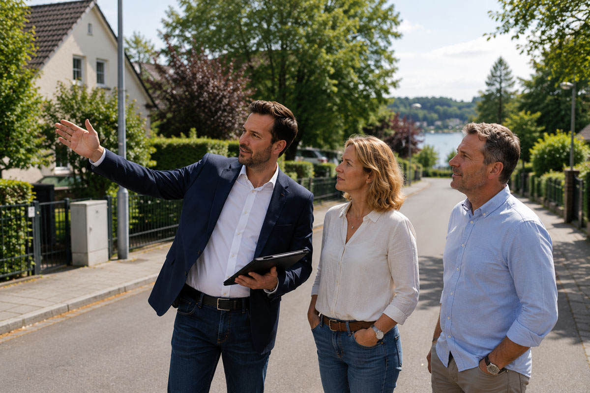 Immobilienmakler schätzt den Wert einer Immobilie für das Paar ein