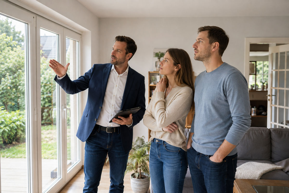 Immobilienmakler hat ein Besichtigungstermin mit Paar